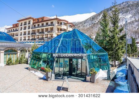 Zermatt, Switzerland - April 13, 2018:  Exterior Of The Matterhorn Museum Entrance In Zermatt, Switz