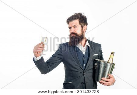 Businessman In Suit With Bottle Of Wine In Bucket. Bearded Man Holds Glass Of Champagne, Wine&wine C