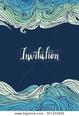 Elegant Vertical Waves Border. Wavy Striped Pattern. Hand-drwn Frame In Doodle Style. Template For C