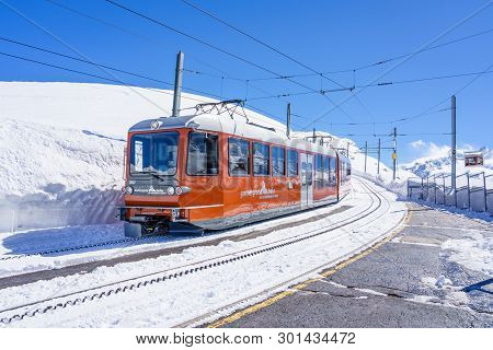 Riffelberg, Switzerland - April 13, 2018: The Matterhorn Gotthard Bahn Also Known As The Gornergrat 