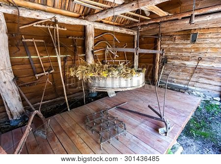 Samara Region, Russia - May 11, 2019: Vintage Wooden House Utensils In Rural Home. Interior Of The H