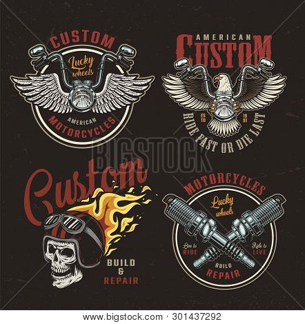 Colorful Motorcycle Emblems Set With Eagle Winged Moto Steering Wheel Crossed Spark Plugs And Skull 