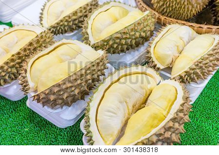 Close Up Durian Flesh Yellow Gold On Shop's Thailand. Bright Yellow Tropical Fruit. Thai King Fruit