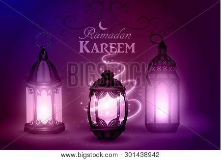Mosque Silhouette Background In Sunset Sky Lantern And Golden Moon And Stars For Ramadan Of Islam Ve