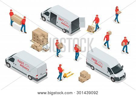 Isometric Icons Of Delivery Cars And Deliveryman With Cardboard Boxes. Express, Free Or Fast Deliver