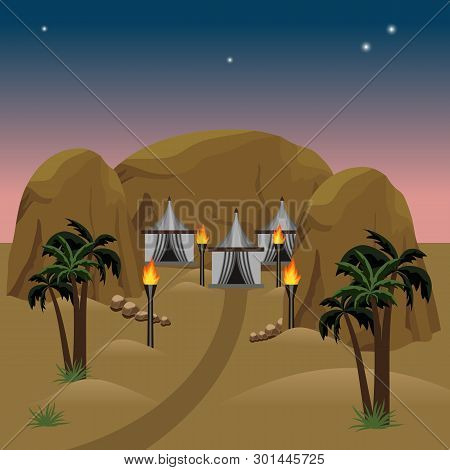 Nomad Camp In Desert.  Night In Desert, Nomad Tents, Sands And Palms. Nomad Camp In Desert. Night In