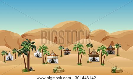 Desert Landscape Background With Nomad Camp. Scene For Cartoon, Game Asset Or Wallpapers. Parallax R