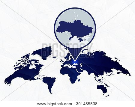 Ukraine Detailed Map Highlighted On Blue Rounded World Map. Map Of Ukraine In Circle.
