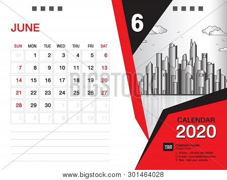 Desk Calendar 2020 Template Vector, June 2020 Month, Business Layout, 8x6 Inch, Week Starts Sunday, 
