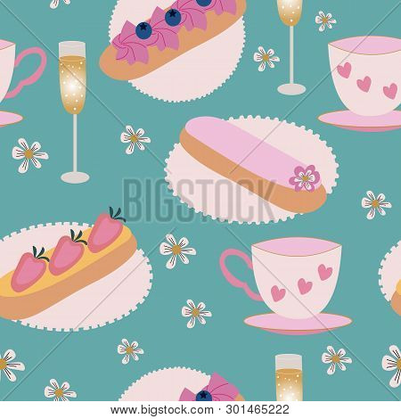Vector Of Eclair Pastry, Champagne, And Teacups On A Green Background. Seamless Pattern.