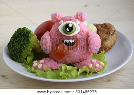 The Monster Is Made Of Rice. Kyaraben, Bento. Creative Food For Children.
