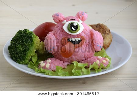 The Monster Is Made Of Rice. Kyaraben, Bento. Creative Food For Children.