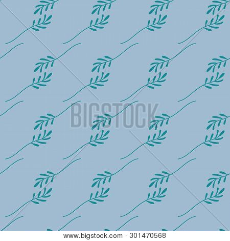 Seamless Pattern Of Green Leaves On A Blue Background. Vector File.