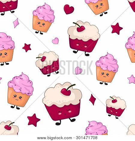 Seamless Pattern With Kawaii Sweet Food - Cherry And Blueberry Cakes On White Background. Endless Te