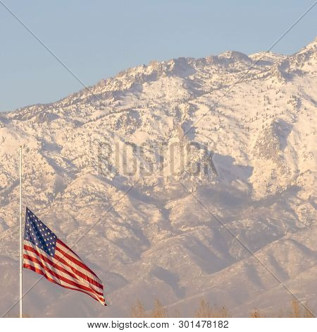 Clear Square American Flag And Building With Mount Timpanogos And Sky In The Background