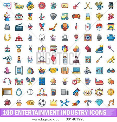 100 Entertaiment Industry Icons Set. Cartoon Illustration Of 100 Entertaiment Industry Icons Isolate