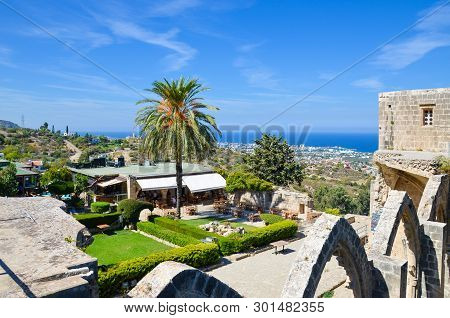 Bellapais, Cyprus - Oct 4th 2018: View From The Ruins Of Medieval Bellapais Abbey In Cypriot City Be