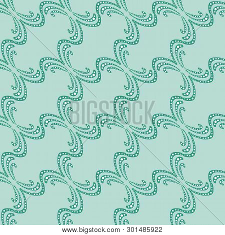 Seamless Pattern Of Green Decorative Lines On A Mint Background.