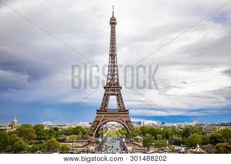 Paris, France - 24.04.2019: Aerial View Of Tower Eiffel On Beautiful Cloudy Sky In Paris In France