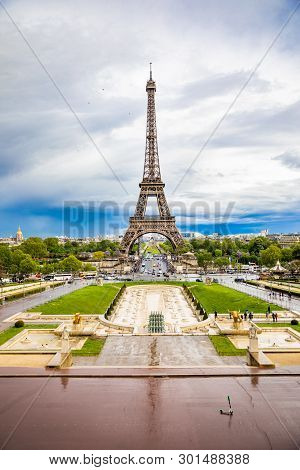 Paris, France - 24.04.2019: Aerial View Of Tower Eiffel On Beautiful Cloudy Sky In Paris In France