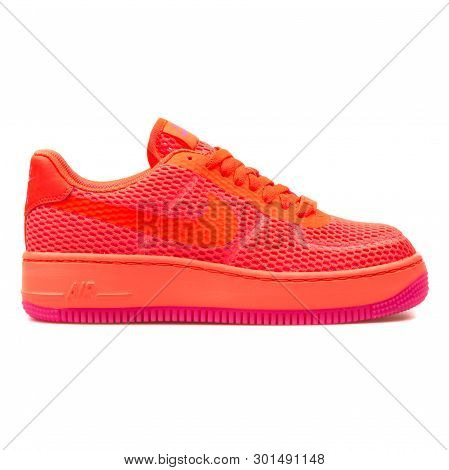 Vienna, Austria - August 10, 2017: Nike Air Force 1 Low Upstep Br Total Crimson Sneaker On White Bac