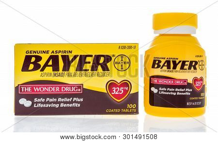 Winneconne, Wi -  5 May 2019 : A Package Of Geunuine Asperin Bayer The Wonder Drug On An Isolated Ba