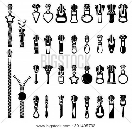 Metal Zipper Puller Icons Set. Simple Illustration Of 32 Metal Zipper Puller Icons For Web
