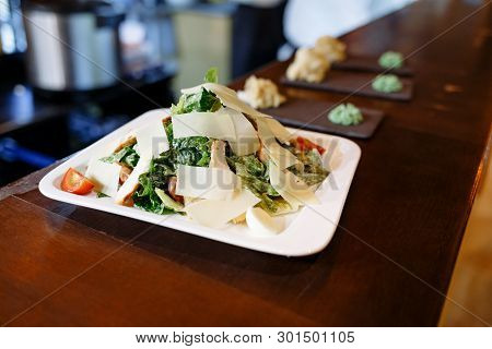 Caesar Salad Without Chicken, Brut Salad On A Wooden Table