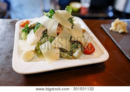 Caesar Salad Without Chicken, Brut Salad On A Wooden Table