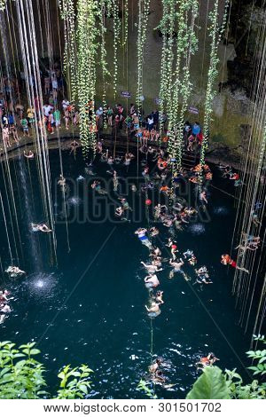 YUCATAN,MEXICO - APRIL 17,2019 : The Ik Kil Cenote near Chichen Itza at the Yucatan Peninsula in Mexico