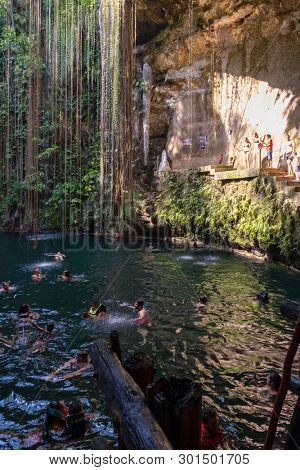 YUCATAN,MEXICO - APRIL 17,2019 : The Ik Kil Cenote near Chichen Itza at the Yucatan Peninsula in Mexico