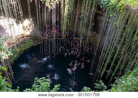 YUCATAN,MEXICO - APRIL 17,2019 : The Ik Kil Cenote near Chichen Itza at the Yucatan Peninsula in Mexico