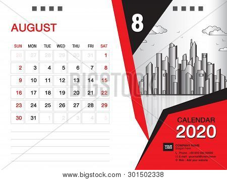 Desk Calendar 2020 Template Vector, August 2020 Month, Business Layout, 8x6 Inch, Week Starts Sunday