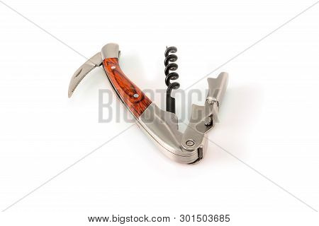 Sommelier Knife With Corkscrew And Bottle Opener Unfolded, Professionsl Waiter Knife, Close Up Macro