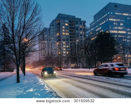Scenic View Landscape Of Outdoor Winter City Town Toronto At Late Evening Night. Buildings, Houses, 