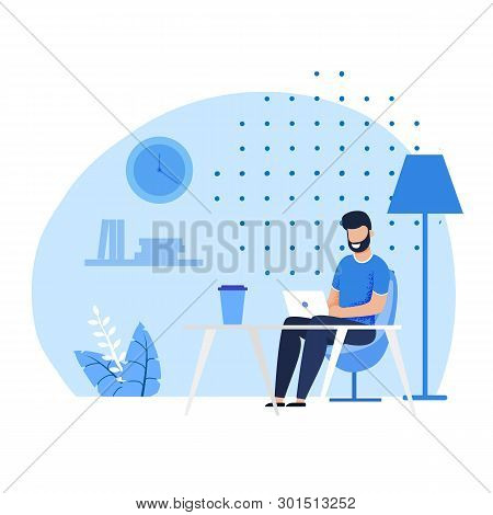 Smiling Bearded Caucasian Man Character Having Coffee Beak At Comfortable Coworking Office. Flat Fre
