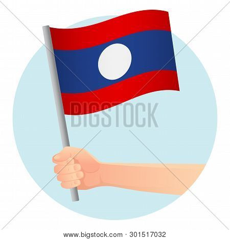 Laos Flag In Hand. Patriotic Background. National Flag Of Laos Vector Illustration