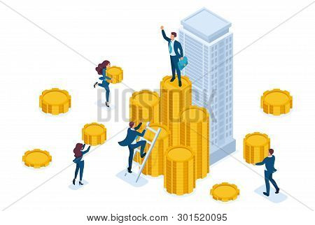 Isometric Businessmen Carry Money To An Investment Company, A Financial Instrument. Concept For Web 