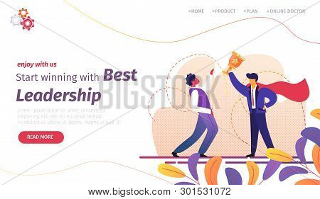 Start Winning With Best Leadership Horizontal Banner. Man In Superhero Red Cloak Holding Gold Goblet