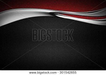 Red And Black Carbon Fiber And Curve Chromium Frame. Metal Background And Texture. Material Design. 