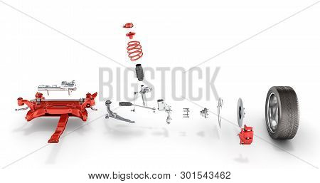 Suspension Of The Car With Wheel Undercarriage In Detail Isolated On White Background 3d
