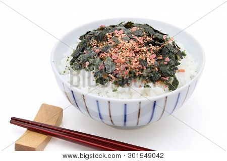 Japanese Food, Cooked Rice With Furikake Of Shake And Nori On White Background