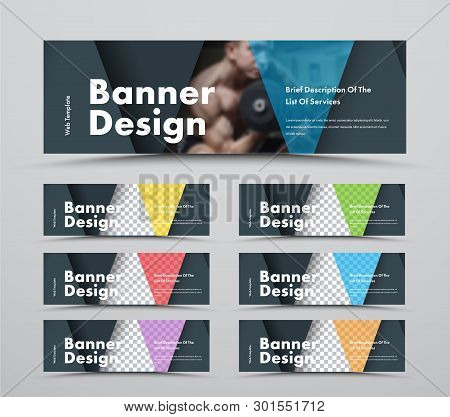 Set Of Horizontal Web Banners With Triangular Intersecting Elements And Space For Photo. Standard Si