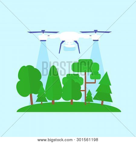 Agricultural Drone Monitors Forest Crop Growth And Forest Safety. Drone Fly Over The Forest. Vector 
