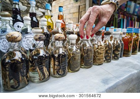 Bottle Of Cobra And Scorpion Liquor. Laos. Luang Prabang - 15 January 2019