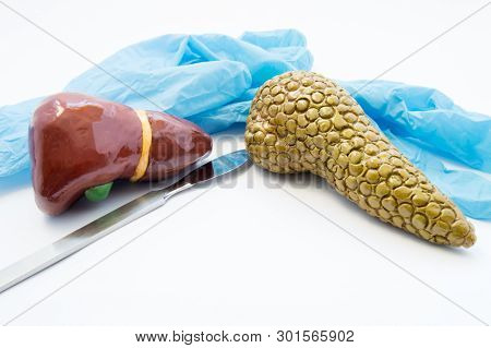 Concept Of Hepatobiliary Reconstructive Surgery, Diet And Nutrition. Scalpel And Medical Gloves Near