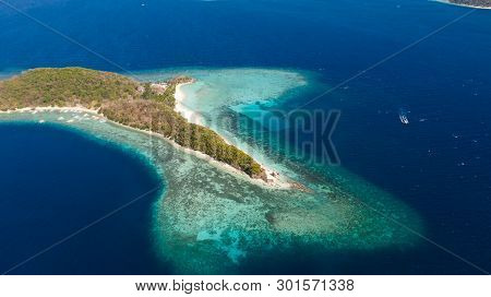 Aerial View Tropical Island With Sand White Beach, Palm Trees. Malcapuya, Philippines, Palawan. Trop