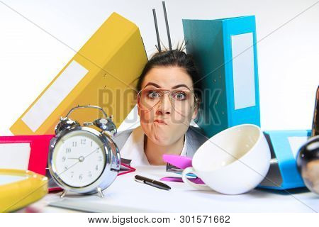 Definetly Busy. Young Woman Getting A Lot Of Work And Deadline, Being Under The Pressure Of The Deal