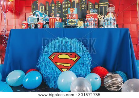 Perm/russia - April, 25, 2018: Piñata In The Form Of A Superhero At The Festive Table. Spiderman, Su