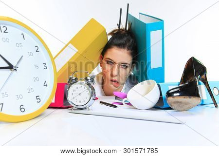 Tired Forever. Young Woman Getting A Lot Of Work And Deadline, Being Under The Pressure Of The Deals